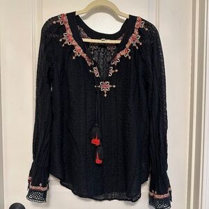 Johnny Was Embroidered Long Sleeve Black Blouse Size XS